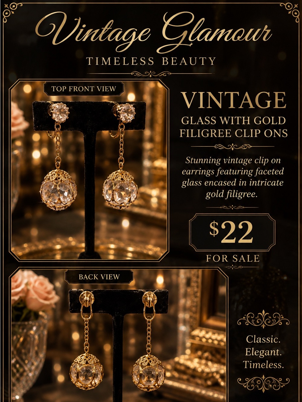 Vintage Gold Filigree Clip-On Earrings with Clear Glass